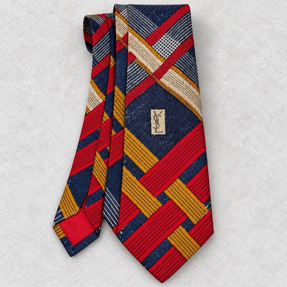 Vintage Yves Saint Laurent Silk Tie Mens Navy Red Gold Geometric Basketweave